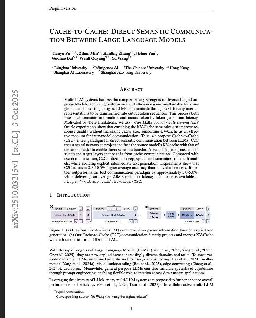 crypto AI projects might be dead

models just learned how to communicate without tokens

imagine communicating with others by syncing up your memory instead of using words...

that’s what this new paper from Tsinghua just showed, LLMs can skip text entirely using cache-to-cache