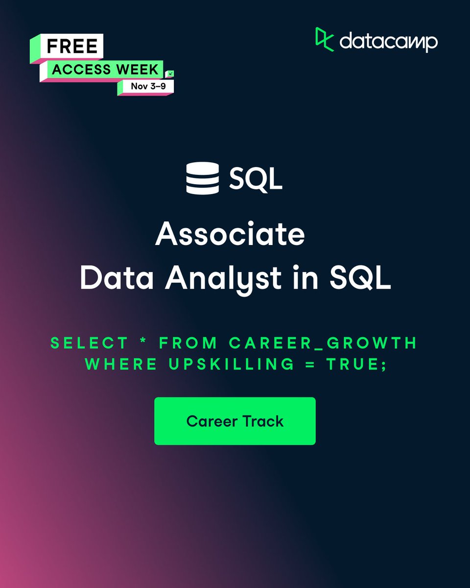 DataCamp's tweet image. Courses add up into a track.
That’s how you go from learning… to knowing.
Your path: SQL, Python, AI: free all week.

 👉 ow.ly/LtXV50XnCzz
#DataCamp #FreeAccessWeek