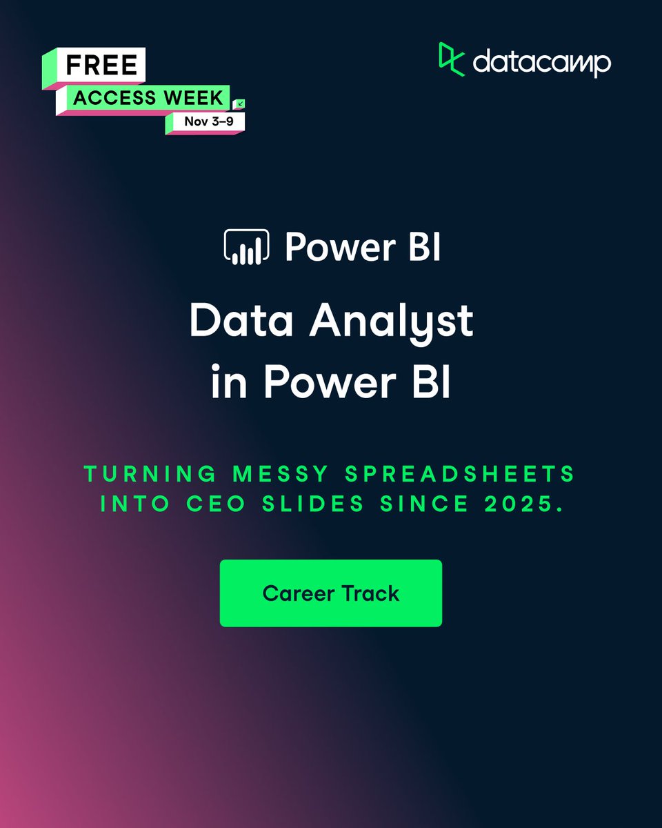 DataCamp's tweet image. Courses add up into a track.
That’s how you go from learning… to knowing.
Your path: SQL, Python, AI: free all week.

 👉 ow.ly/LtXV50XnCzz
#DataCamp #FreeAccessWeek