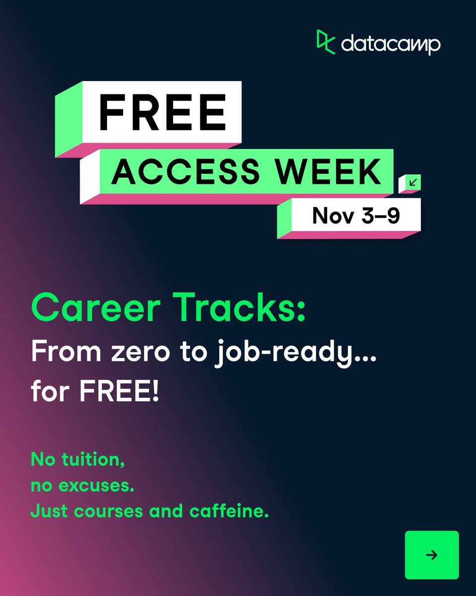 DataCamp's tweet image. Courses add up into a track.
That’s how you go from learning… to knowing.
Your path: SQL, Python, AI: free all week.

 👉 ow.ly/LtXV50XnCzz
#DataCamp #FreeAccessWeek