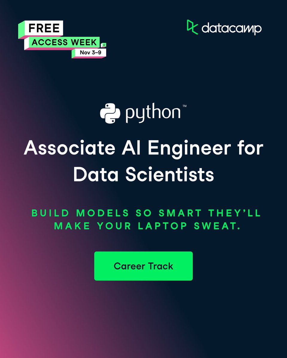 DataCamp's tweet image. Courses add up into a track.
That’s how you go from learning… to knowing.
Your path: SQL, Python, AI: free all week.

 👉 ow.ly/LtXV50XnCzz
#DataCamp #FreeAccessWeek