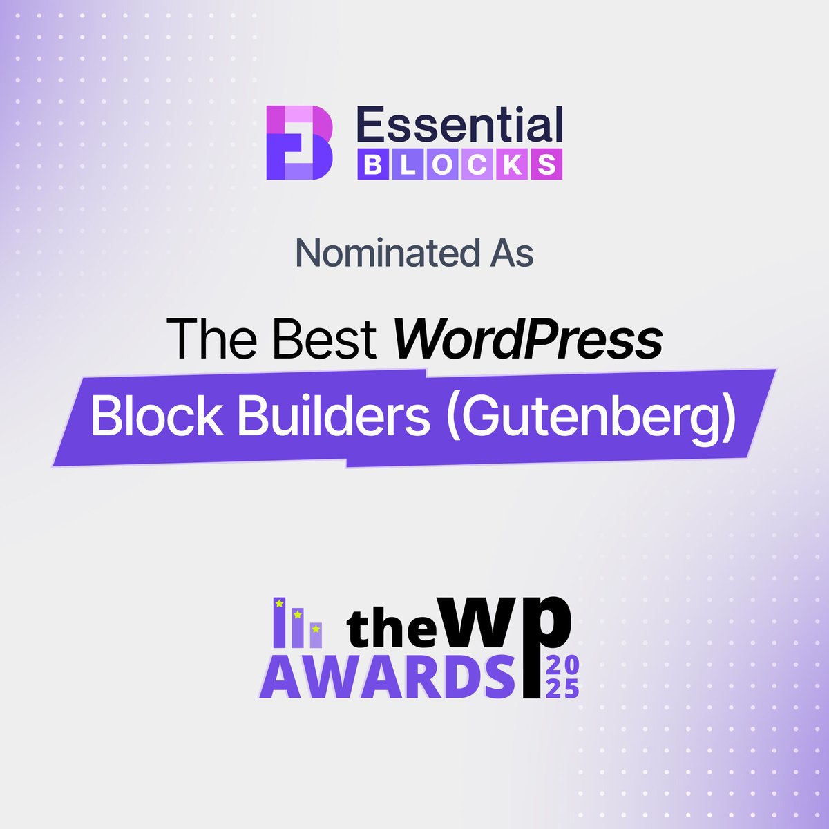 EssentialBlocks's tweet image. Essential Blocks is nominated for Block Builders (Gutenberg) in WP Weekly Awards 2025. This inspires us to keep building tools that help designers and developers every day. 🚀

Cast your vote and help Essential Blocks reach the top! 🏆

🗳️ Vote Here: thewpweekly.com/awards/