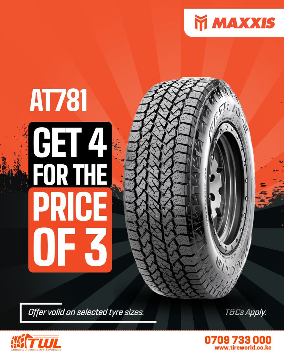 TireWorIdKenya's tweet image. More grip. More adventure. More value.
Get a FREE Maxxis AT781 when you buy 3!
Offer valid till 30th Nov 2025.

 Call or WhatsApp 0709 733 000
#TWL #BuiltForTheBrave #YourSafety