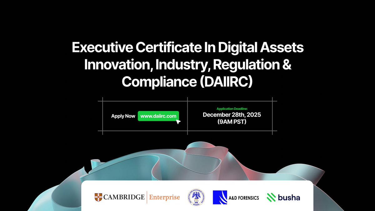 daiirc_africa's tweet image. Are you a senior executive in finance, fintech, compliance, or asset management seeking to deepen your understanding of digital assets and regulation?

The DAIIRC Executive Certificate Programme is for you.
Apply here 👉: daiirc.com