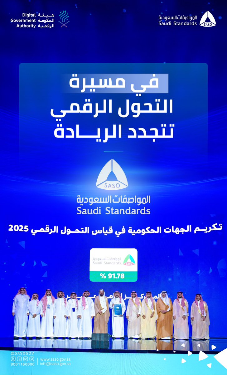 تتواصل إنجازات #المواصفات_السعودية في مسيرة التحول الرقمي، بحصولها على تكريم من <a href="/DgaGovSa/">هيئة الحكومة الرقمية</a>، محافظةً على مستوى الإبداع والتميّز في مؤشر قياس التحول الرقمي للجهات الحكومية لعام 2025.