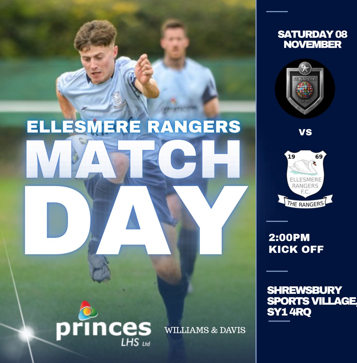 🦢 Matchday 11 🦢 

🆚 <a href="/FC_Nations/">FC Nations</a> 
🏆 <a href="/SalopLLeague/">Salop Leisure League</a> 
🕰️ 14:00 KO
📆 Sat 08 Nov
📍 Shrewsbury Sports Village (SY1 4RQ)

#themere #swans