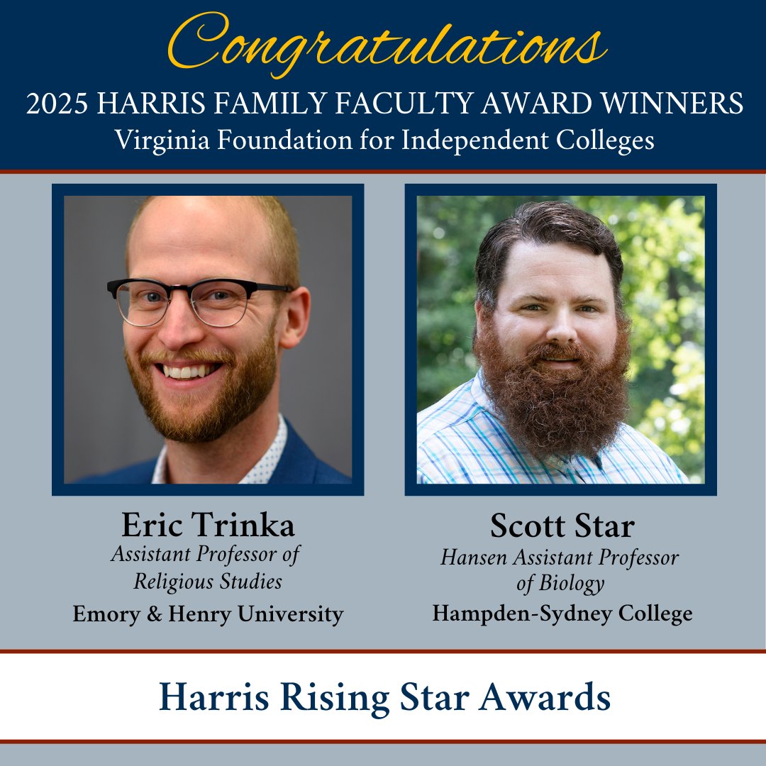 VFIC15's tweet photo. Faculty from @emoryhenry1836 and @HSC1776
were awarded VFIC's 2025 Harris Rising Star Awards at yesterday's awards luncheon held at the Virginia Museum of History &amp; Culture. Congratulations to Eric M. Trinka and Scott Starr! https://t.co/amDWeWbqzn