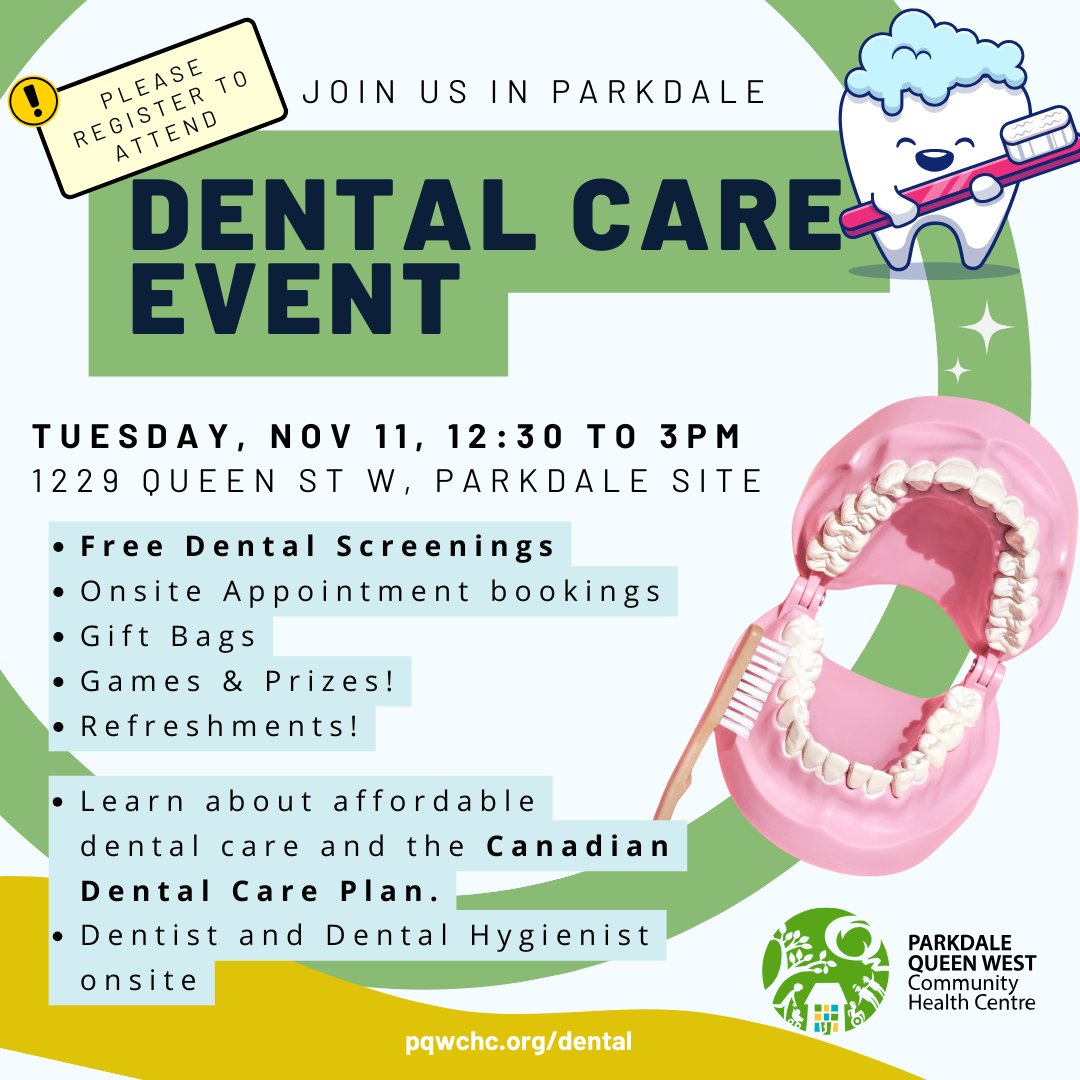 Join us Nov 11 at 12:30–3 PM at 1229 Queen St. W 
- Free dental screening 
- Gift bags, games &amp; raffle prizes
Registration is required – contact Nancy at
📧 nsteckley@pqwchc.ca | ☎️ 416-537-2455 ext. 3310
pqwchc.org/dental
#DentalCare  #PQWCHC #CDCP