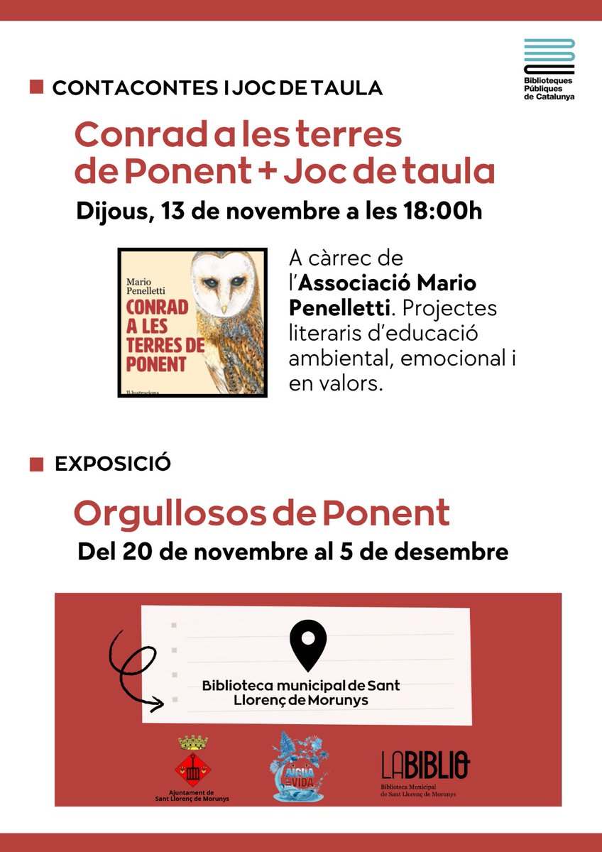 No us perdeu el contacontes de dijous, 13 de novembre: Conrad a les terres de Ponent. Tot seguit jugarem a un joc de taula. 

A càrrec de l'Associació Mario Penelletti i dins el projecte Aigua = vida, natura i lectura de <a href="/bibliotequescat/">Biblioteques</a>
<a href="/bibliotequeslle/">Biblioteques Lleida</a>
#NaturaiLectura