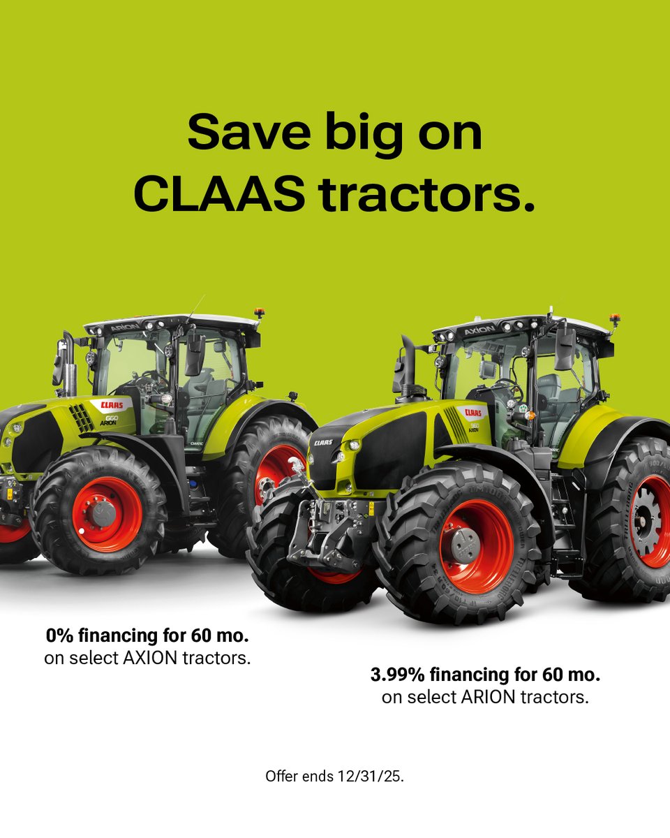 There's a lot to be thankful for this year, including low-rate financing for 60 months on select AXION and ARION tractor models during the CLAAS Limited Inventory Sale. Take advantage of big savings now through 12/31. ​

For US growers: bit.ly/47nRhRh

For Canadian