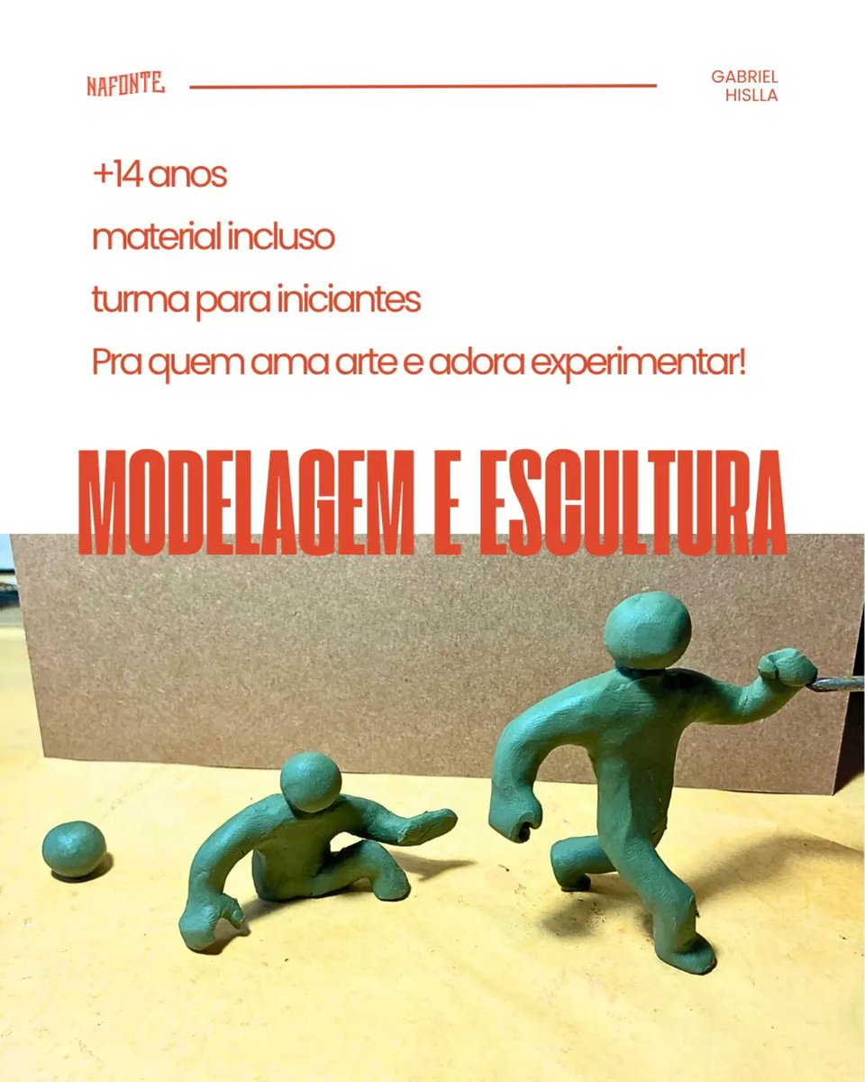 Pessoal de São Luís, nesse sábado vou dar uma oficina de modelagem/escultura

Perfeita pra quem quer fazer sua primeira escultura ou conhecer materiais diferentes

08 de novembro (sábado)
$120 com todo material incluso

Inscrições abertas:
instagram.com/espaconafonte/
(98) 98100-0462