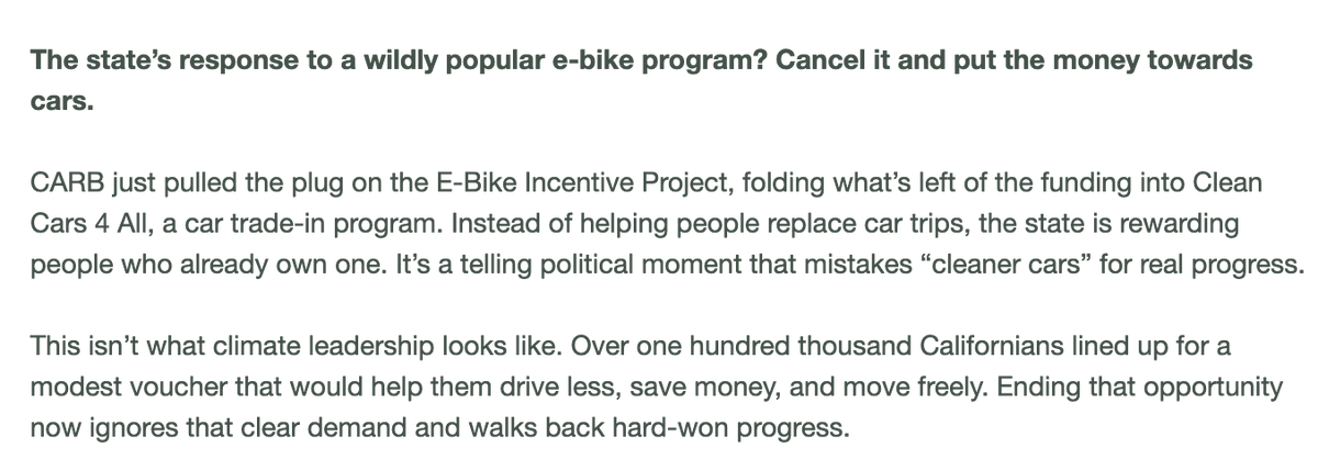 stephenlambe's tweet photo. .@AirResources decision to cancel the CA e-bike subsidy program is both disappointing and predictable, once they chose an inferior (and conflicted) service provider. What a missed opportunity to help 1000s of Californians get around their communities sustainably and efficiently. https://t.co/cdUA4J6KB1