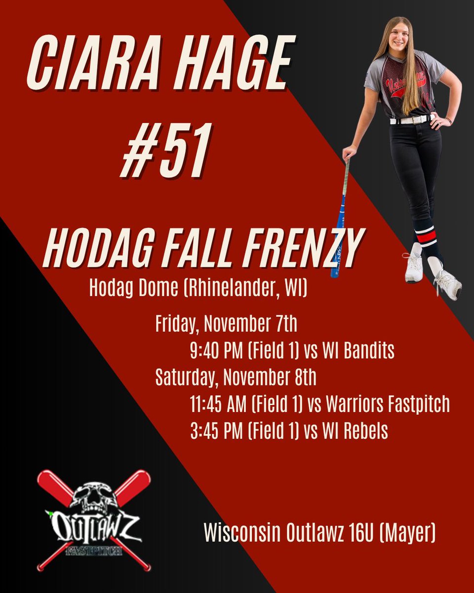 Looking forward to heading ⬆️ North to Rhinelander, WI this weekend for the Hodag Fall Frenzy.   Here are my pool games, I’d love to see you there. 
<a href="/TH_softball09/">Wisconsin Outlawz 16u-Mayer</a> <a href="/Wisoutlawz/">Wisconsin Outlawz Fastpitch</a> <a href="/SBRRetweets/">Softball Recruiting Reposts</a> <a href="/CoastRecruits/">Coast 2 Coast Recruits</a> <a href="/PGFnetwork/">PGF</a>