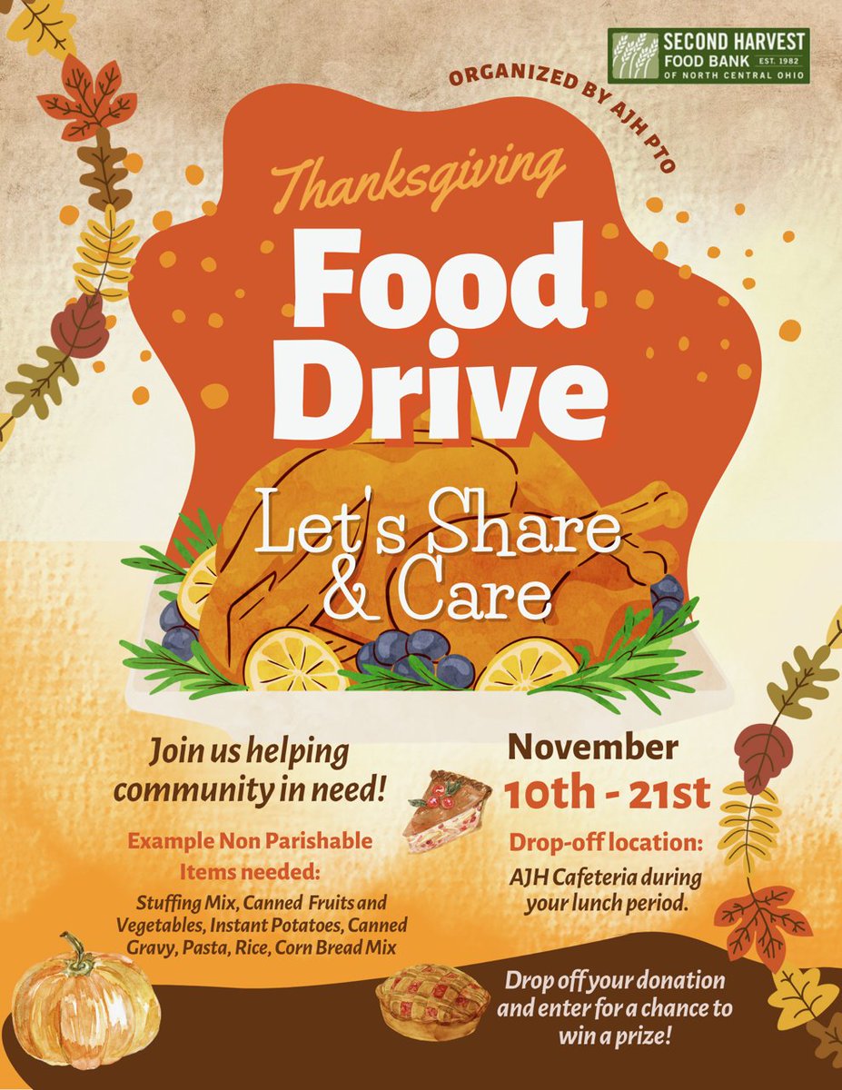 ajhpto's tweet photo. 🦃 Help us Share &amp; Care! 🍂 The AJH Thanksgiving Food Drive runs through Nov 21st — drop donations in the cafeteria during lunch! 🥫

See flyer for details + needed items 👇
💪 Volunteer to help collect here:
👉 https://t.co/lNrvWCQs5G
#AJHPTO #FoodDrive #GiveThanks https://t.co/hlUeu667L1