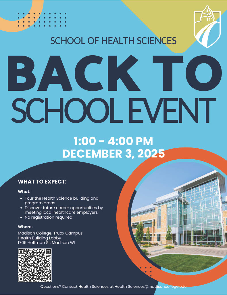 MadisonCollSOHS's tweet image. Come visit us at the Back to School Event on December 3rd!

@MadisonCollege