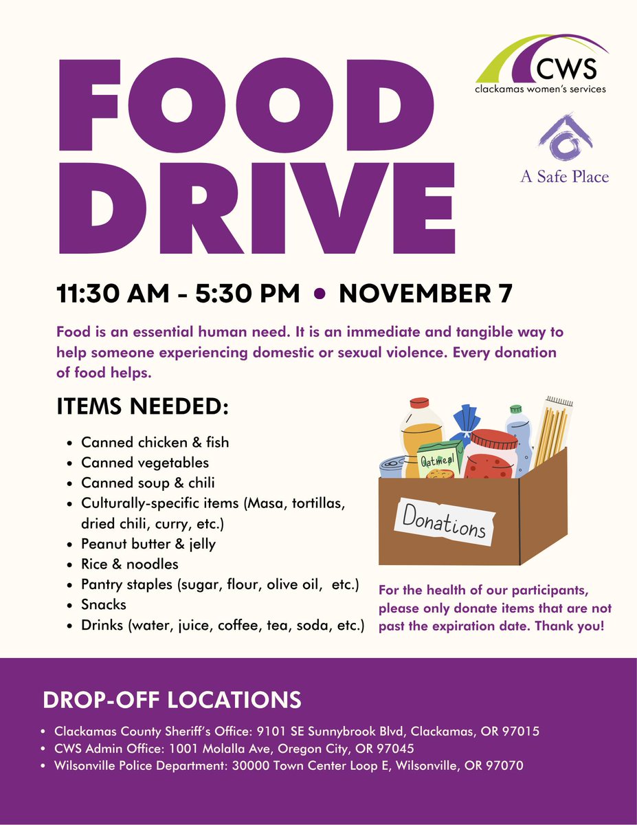 WilsonvillePD's tweet photo. This FRIDAY, NOV. 7 - Join Us for a Food Drive to Support Survivors! 

DROP OFF LOCATIONS: 
@ClackCoSheriff , CWS Admin Office, Wilsonville PD

Details in the attached flyer. https://t.co/7KwfC6thYX