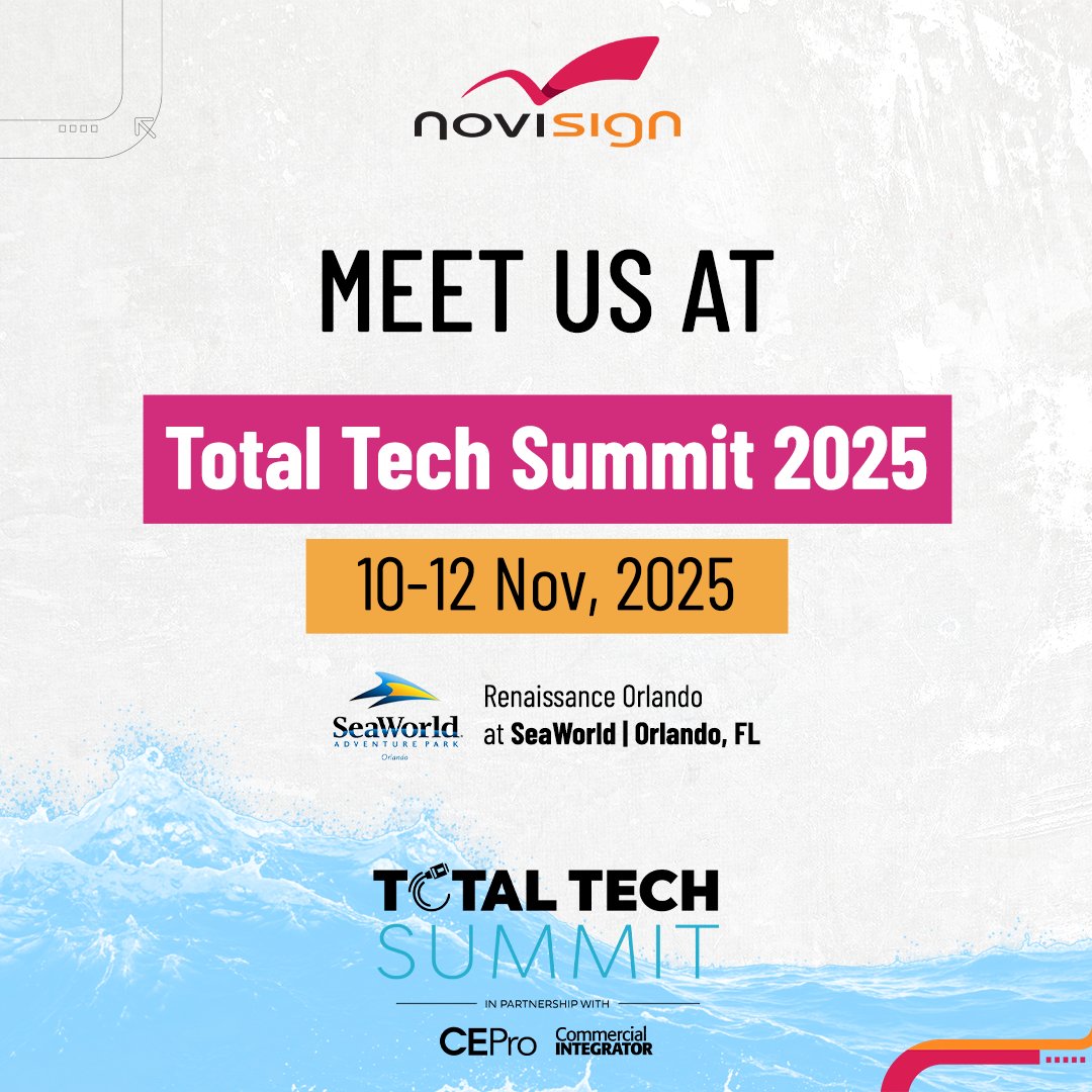 novisign's tweet image. NoviSign is heading to Orlando! 🏖️

We’re proud to sponsor and attend Total Tech Summit 2025, taking place November 10–12 at the Renaissance Orlando at SeaWorld.

Join us to explore smarter, more engaging digital signage solutions for the integration industry.
#TotalTechSummit