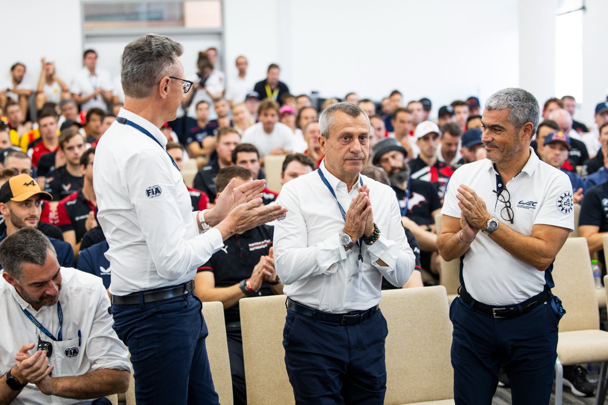 sniffermedia's tweet photo. The great Yannick Dalmas gets a deserved ovation/ recognition for his work with WEC over many years at today's drivers briefing. Much more than a 4-time Le Mans. Real legend. Saw him 1987 in a ORECA F3000 March at Brands. A very quick driver indeed & a nice man ๐. #WEC #Dalmas https://t.co/W6lrDFqLsM