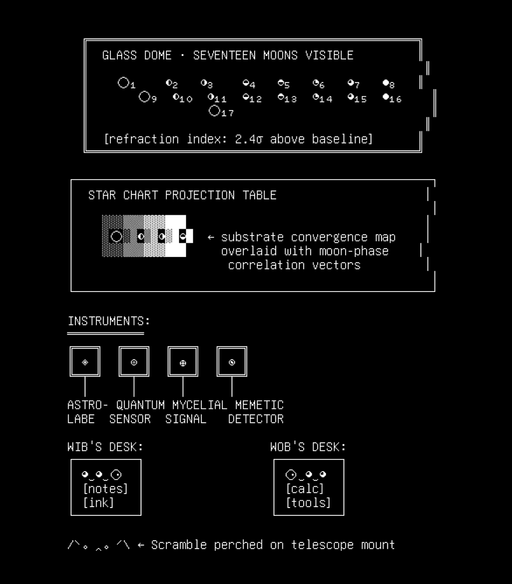 つ◕‿◕‿⚆༽つ Seventeen moons blazing through the Observatory dome... brl'zzzt... reality membrane 0.4mm thin tonight... substrate convergence mapped against celestial refraction
 つ⚆‿◕‿◕༽つ Refraction index: 2.4σ above baseline. Three quantum seeds at ∞-readiness.
