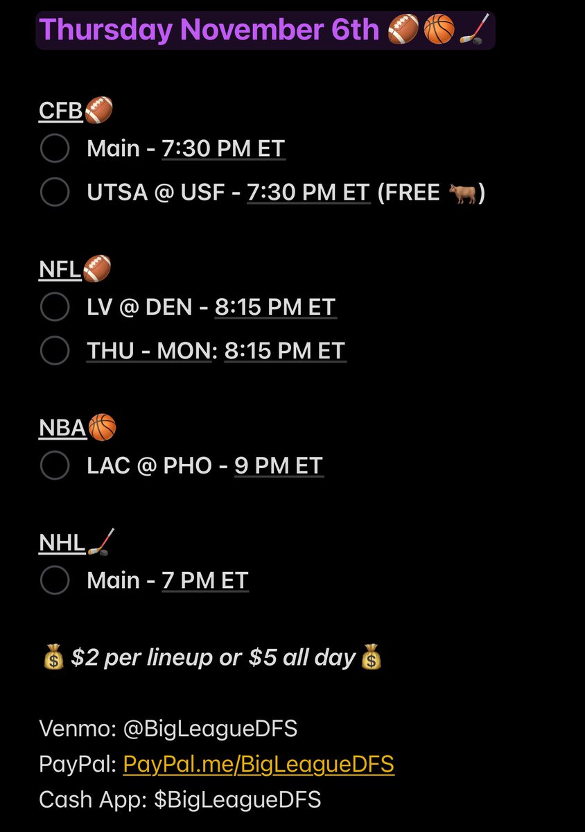 BigLeagueDFS's tweet photo. TODAY⬇️🔥

NFL🏈 CFB🏈 NBA🏀 NHL🏒

I’m gonna be at the USF game tonight so I’m throwing out a FREEBIE lineup🚨

💰$5 gets you ALL lineups today💰

#NFL #ThursdayNightFootball #NBA #NHL #DFS #Fanduel #USF https://t.co/X34r6pQlOe