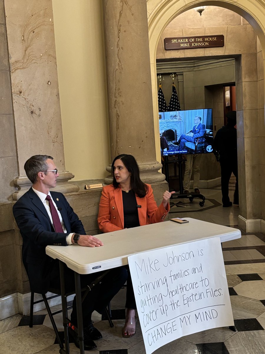 OrganizerMemes's tweet image. Now: Rep @yassaminansari is camped out outside of Mike Johnson&apos;s office in the Capitol doing the change my mind meme. She&apos;s currently talking @Rep_Walkinshaw about Johnson&apos;s refusal to release the Epstein files