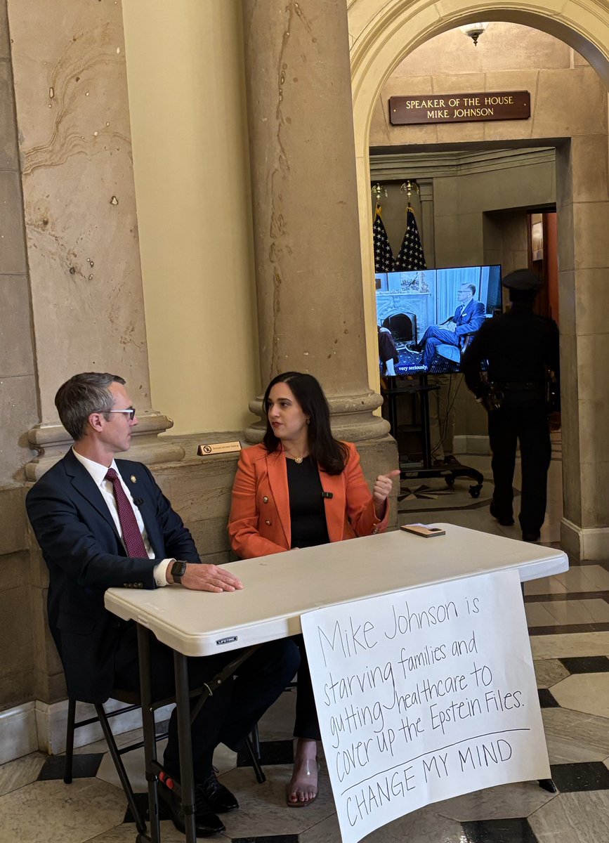 OrganizerMemes's tweet image. Now: Rep @yassaminansari is camped out outside of Mike Johnson&apos;s office in the Capitol doing the change my mind meme. She&apos;s currently talking @Rep_Walkinshaw about Johnson&apos;s refusal to release the Epstein files
