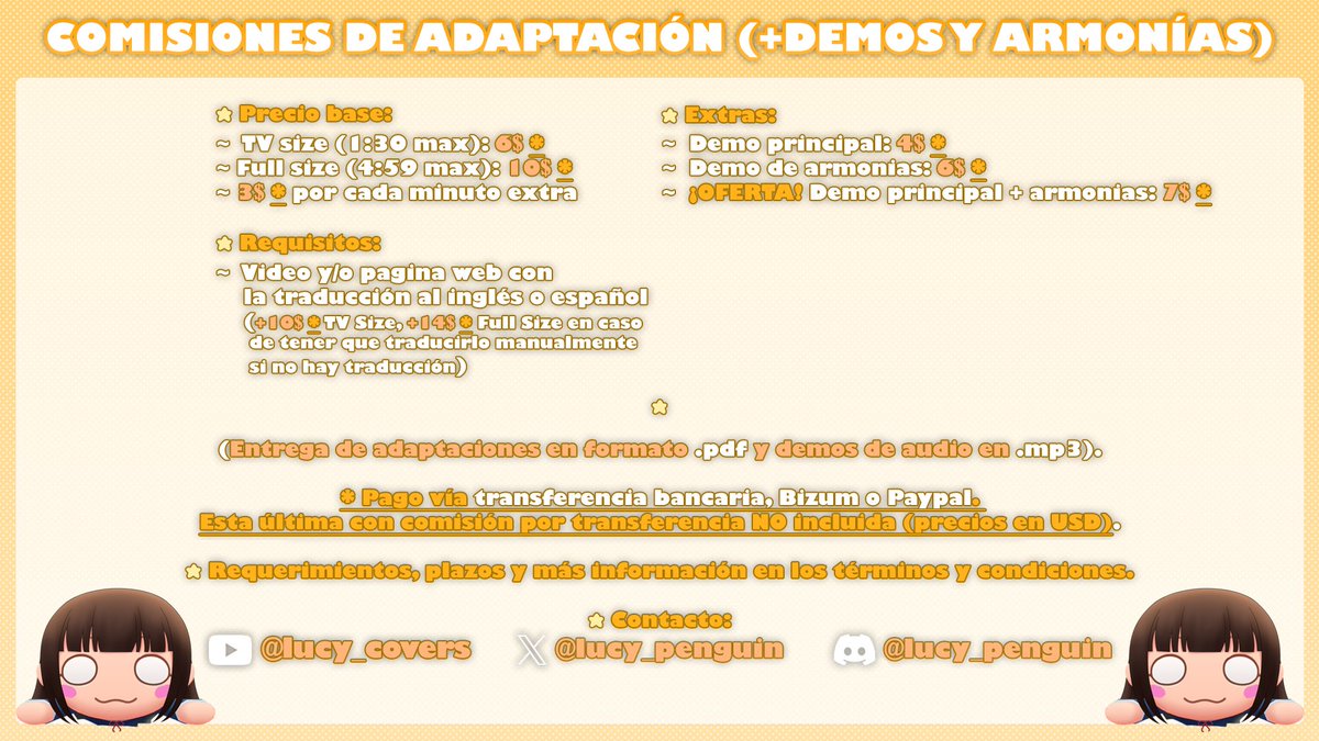 lucy_penguin's tweet photo. Aquí la pesada recordando que hago comisiones de adaptación (con demos y armonías) y de edición de audio (y masterización).
Ejemplos en el tweet agregado.

👍&amp;🔁 ayudarían mucho~

#comision #opencomission #mix #mixandmaster #vtuberES #vsingerES #vtuber #mixer https://t.co/Z5ArPj74JX
