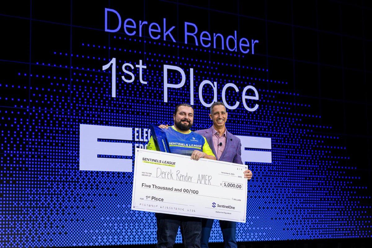 SentinelOne's tweet photo. 🏆 Derek Render is our 2025 Sentinels League Threat Hunting World Champion 💜 🔥 

📹 Live from #OneCon; From 10,000 game plays, across 100 countries, down 2 epic game nights. Congratulations to all of our finalists, Ethan, Arnau and Derek

See you in 2026 https://t.co/rxPTDnGZsK