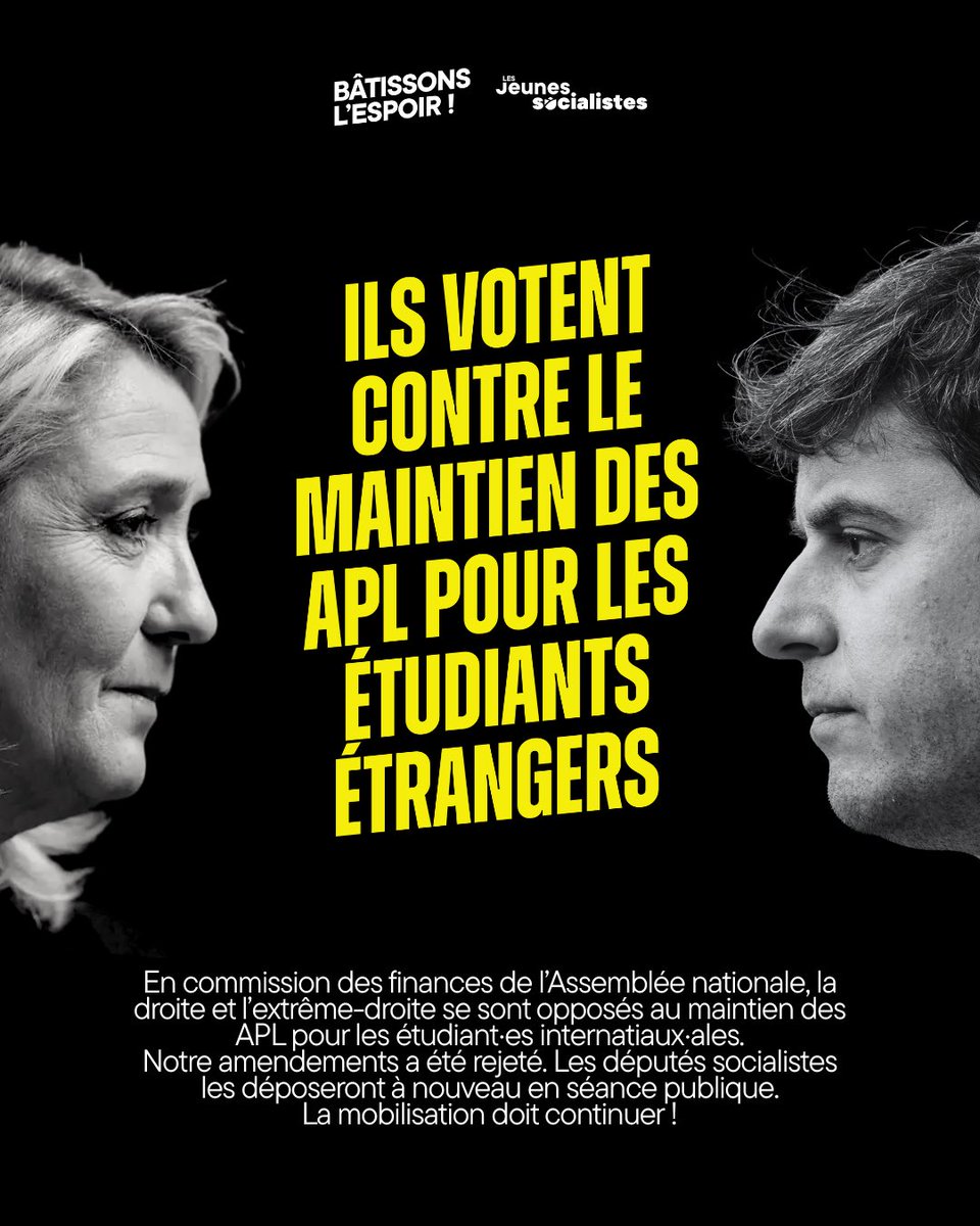 🔴 Ils votent contre le maintien des APL pour les étudiants étrangers !

Par une alliance allant de Renaissance au Rassemblement National, notre amendement pour supprimer l’article discriminatoire du #PLF2026 a été rejeté.

La mobilisation continue en séance !