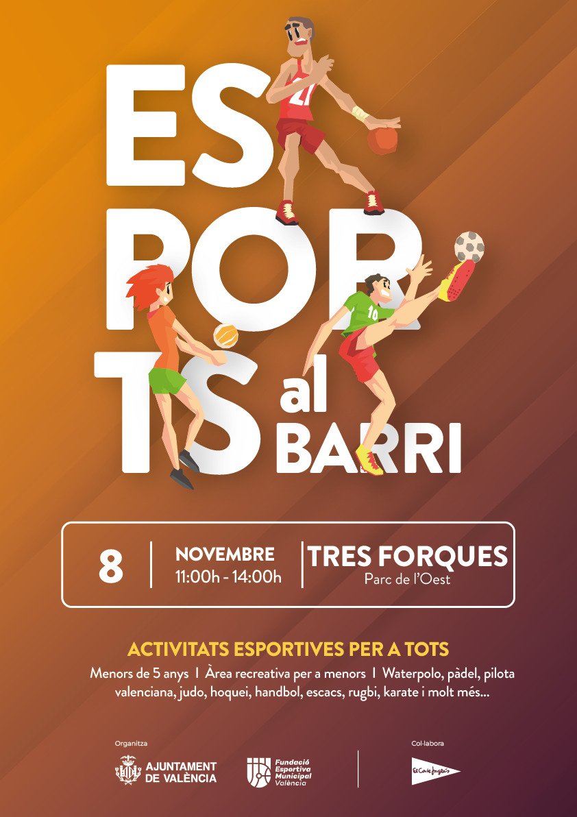 AjuntamentVLC's tweet photo. 🏀 Dissabte torna #EsportsAlBarri!🤸
👉 Un programa amb activitats per a tota la ciutadania de @FDMValencia, al #barri de #TresForques
▶️Judo🥋 , handbol 🏐, escacs ♟️, hoquei🏒, karate , i molt més!🏃
⏰D'11 a 14 hores
📍Parc de l’Oest
🔗https://t.co/cXcTKzrl6z https://t.co/tfXOkgprSd