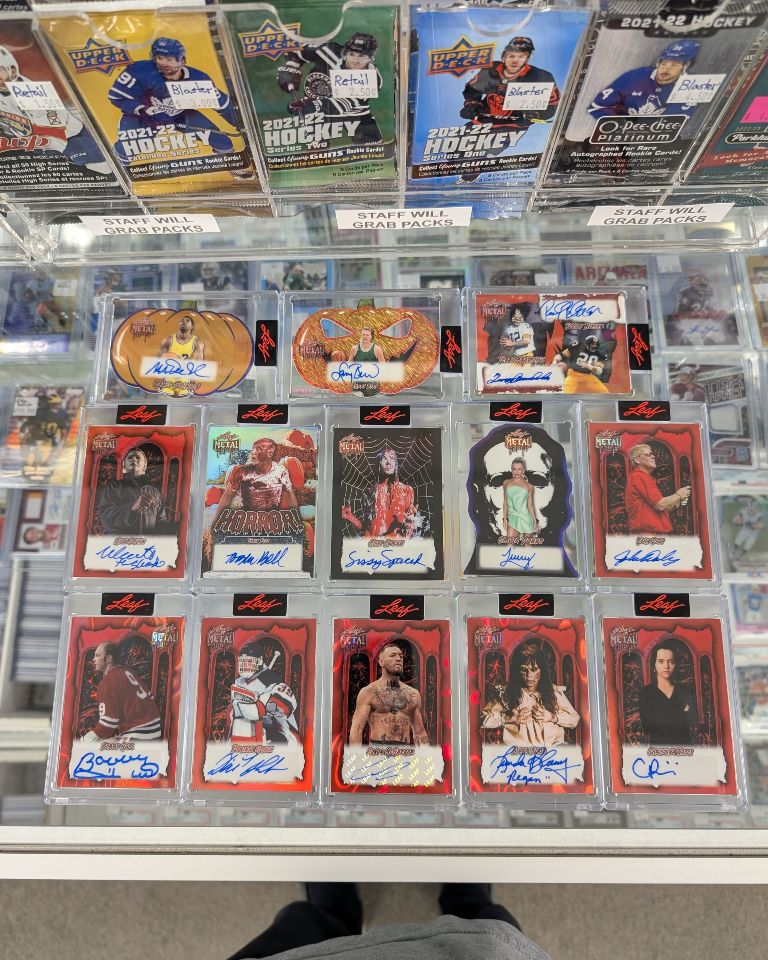 Someone decided Halloween is officially over by clearing out all of the Leaf Halloween boxes. The first picture is JUST 1/1s 🤯 and the second is some other highlights. 

#SCJ #TradingCards #WhoDoYouCollect #TheHobby #SportsCards #Collecting #HobbyShop #SUPPORTYOURLCS
