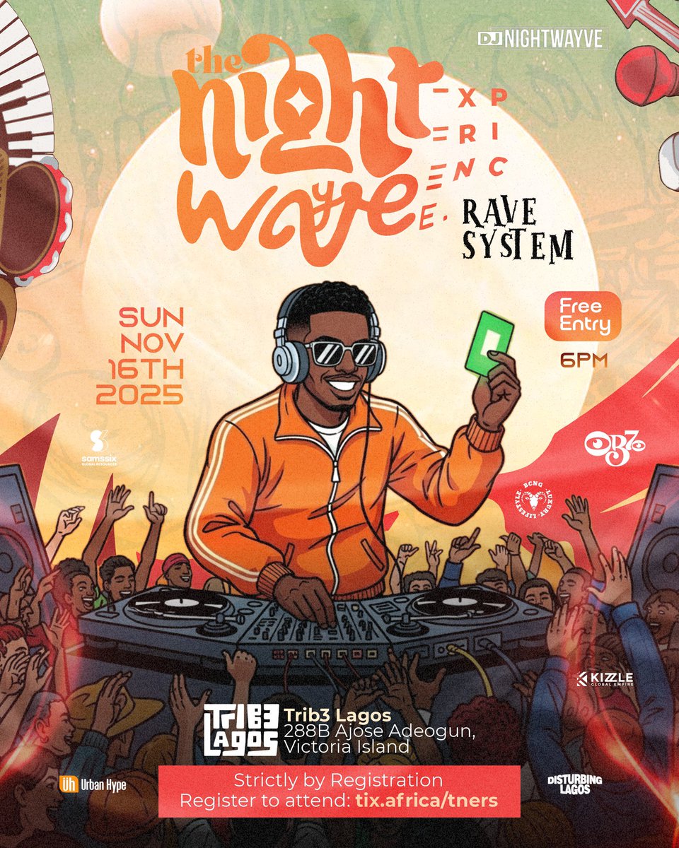 TheNightWayve_E's tweet photo. It’s been a minute since the last shutdown, but guess what? The Night Wayve Experience is back, bigger, louder, and crazier than ever.

📅 Date: Sunday, November 16th
📍 Venue: Trib3 Lagos, Victoria Island

🎟️ Register to attend https://t.co/hUJtdYynkx https://t.co/DCA2zvkjGM