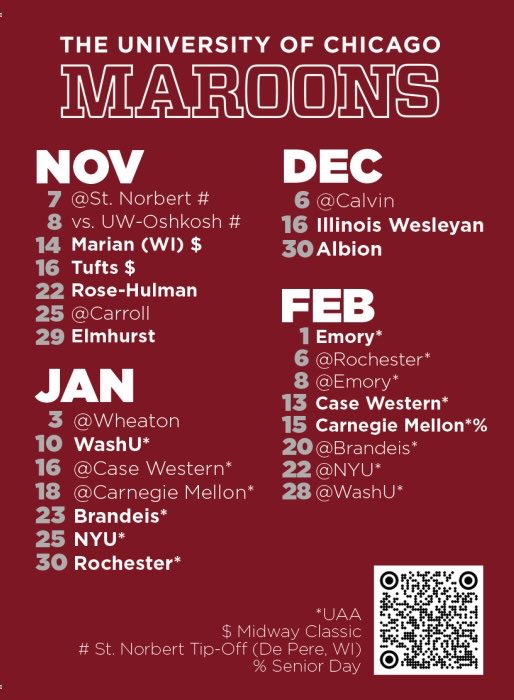 UChicagoWBB's tweet photo. ONE DAY AWAY FROM TIP-OFF 🤩 Check out our schedule to see when the Maroons will be in your city! We can’t wait to see you all in the stands! 🏆⏳ https://t.co/4DQNLRFx3i