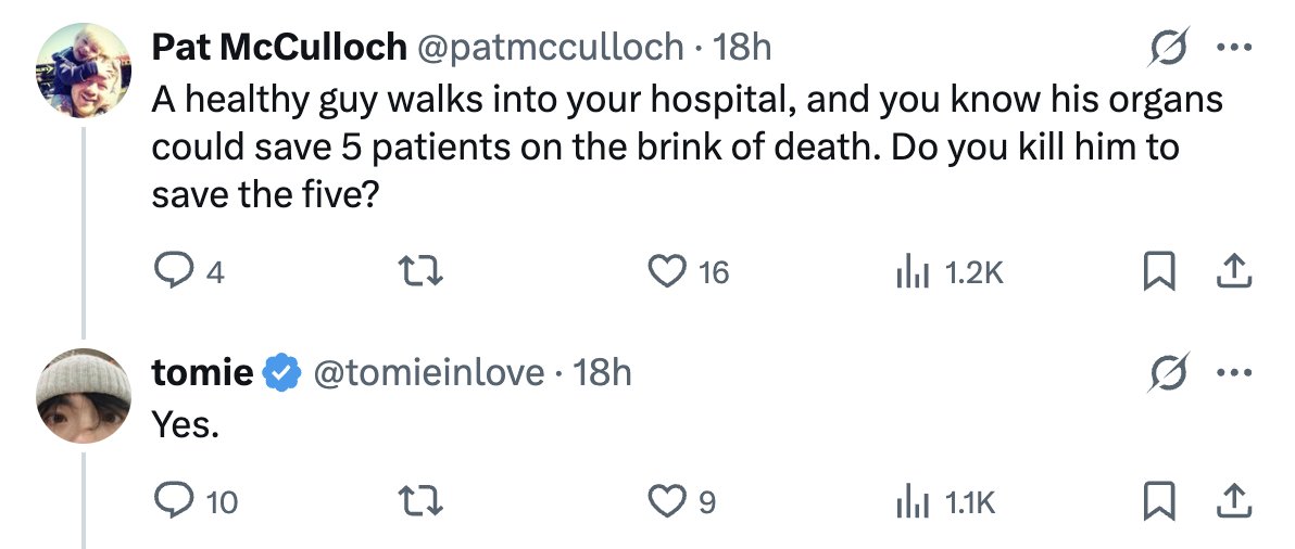 How easily you can dispense with thought experiments when you lack basic, commonly held intuitions. Moderately bright children pick up on this and get a kick out of biting every reductio-bullet that comes their way; eventually though they outgrow the hollow sense of victory