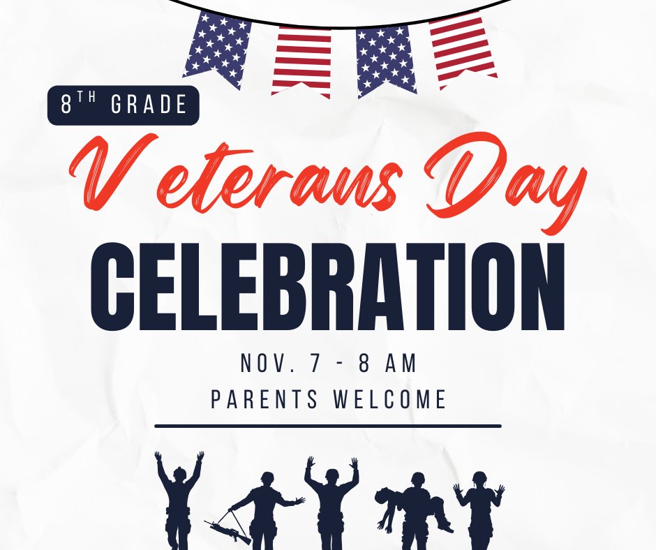 lux_middle's tweet photo. Tomorrow is our annual 8th grade Veterans Day celebration at 8 AM!

All 8th Grade students will attend the celebration assembly while at school. Parents of 8th grade Lux students are welcome to attend. https://t.co/ygz6Va27RK