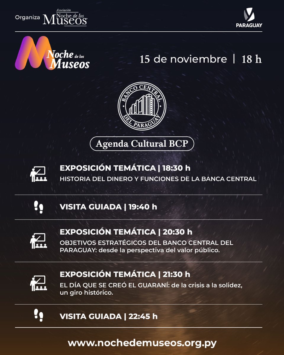 Durante la #NocheDeLosMuseos2025, el Banco Central del Paraguay invita a recorrer su patrimonio cultural y descubrir billetes históricos en un recorrido lleno de historia y cultura.

Sábado | 15 | noviembre
18:00 h

Acceso libre y gratuito
#BCPCultural