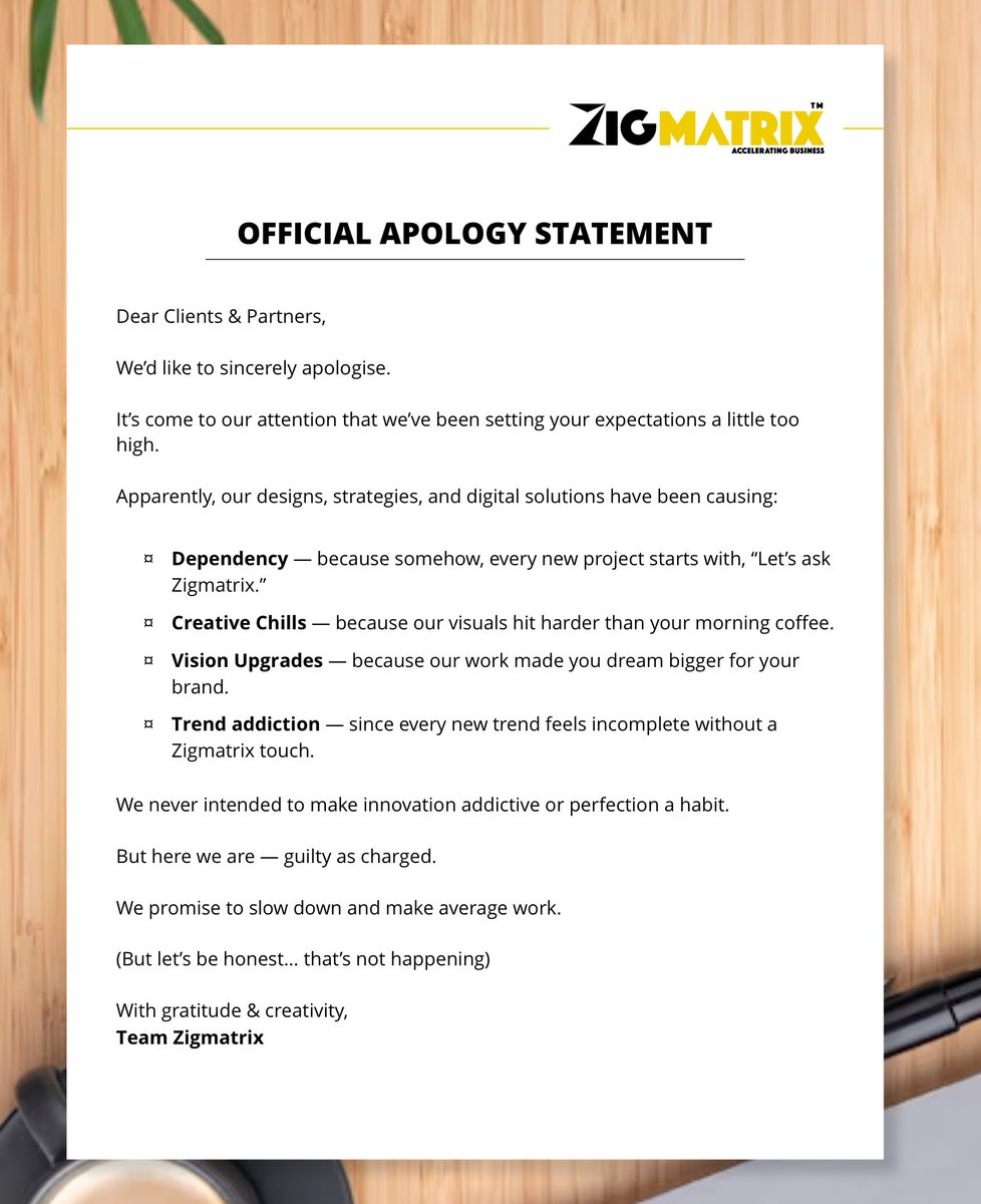 ZigmatrixInc's tweet photo. We’re sorry… for making creativity look too good 😏
Promise we’ll be less awesome next time. (Probably not.) 💜

#OfficialApology #Zigmatrix #CreativeAddiction #SorryNotSorry #DesignFam #CreativeMinds #InnovateWithZigmatrix #TrendAlert #ViralPost https://t.co/NOa3KoG8nj