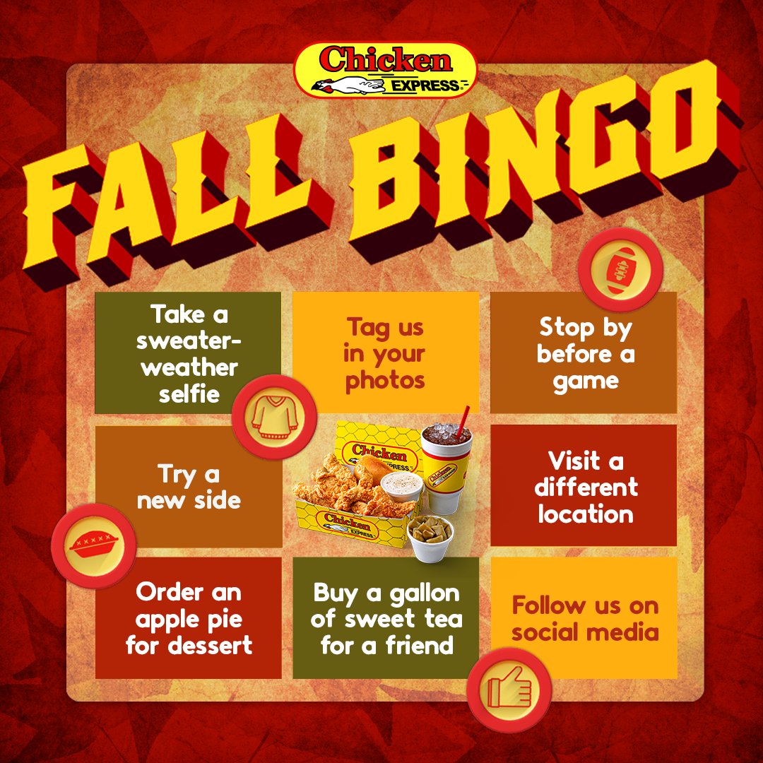 Chicken_Express's tweet photo. Itβs time for Fall Bingo! Grab your favorite meal, tag us in your pics, and see how many boxes you can complete this season. ππ₯§
#ChickenExpress #ChickenE #SweetTea #Fall https://t.co/soyTQr3OJ0