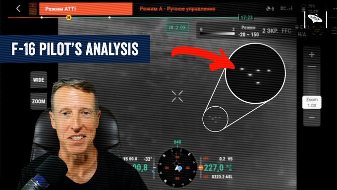 Screenshot displays a video player interface with title F-16 pilots analysis in red text and a blue header. Central zoomed circular view shows a dark green-tinted aerial scene with a large dark circular object centered and motionless. Surrounding gauges and displays include altitude at 20 feet sea level pressure 29.92 inches and other instrument readings like 0.8 and 22.7. Bottom section features a man in dark clothing seated in a cockpit-like chair facing the screen with a slight smile. Additional elements include arrows pointing to the object and zoom indicators.