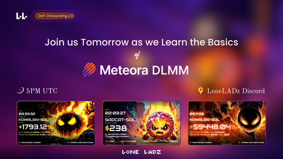 mizzyonchain's tweet photo. Do you want to learn the basics of How @MeteoraAG DLMM works?

And how to earn fees from DLMM pools?

Join us tomorrow 5PM UTC at LoneLADz Discord Server 

Server link in @LoneLADz bio https://t.co/nBtBEqVCko