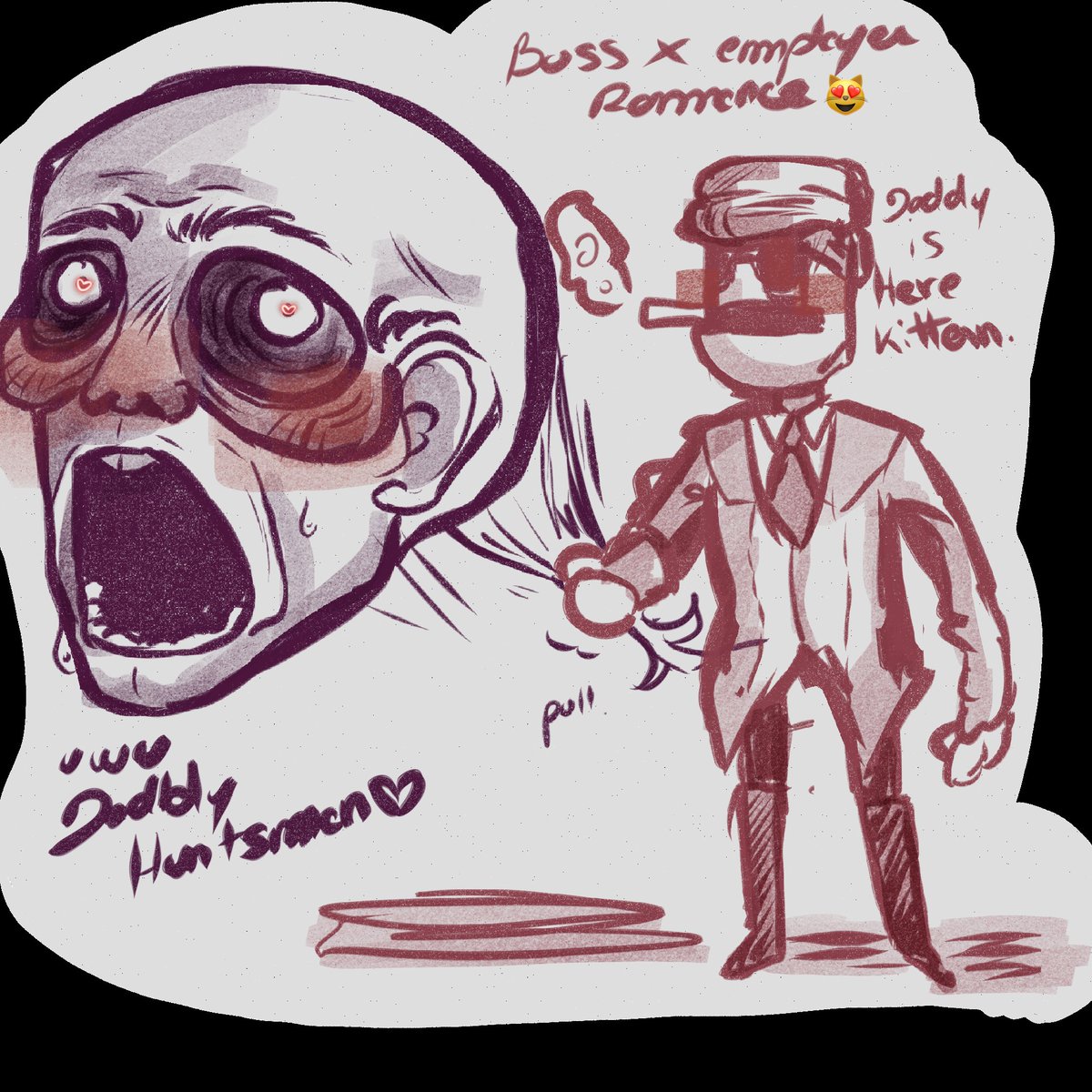 LordOfBadJ0k's tweet photo. Did this drawing for fun, for context I just looked for R.E.P.O. fic on ao3 in call with a friend and ended up on a headman × huntsman fic where they kiss , it was so funny I wanted to draw something inspired by it 😂 , I know it's super weird I love it. 
#repo #headman #huntsman https://t.co/S04ldpN1ad