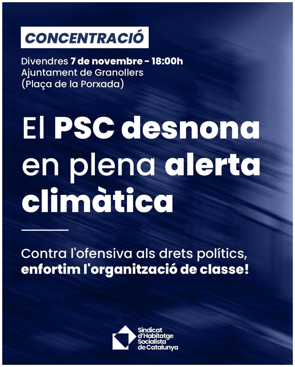 SindicatHabSC's tweet image. 🔵 𝐂𝐎𝐍𝐂𝐄𝐍𝐓𝐑𝐀𝐂𝐈𝐎́ 𝐀 𝐆𝐑𝐀𝐍𝐎𝐋𝐋𝐄𝐑𝐒
Convoquem concentració demà a Granollers en suport de la militant detinguda avui al desnonament del Mohammed i la seva família.

Assenyalem el PSC per desnonar una família tot i l&apos;avís de pluges torrencials del PROCICAT.