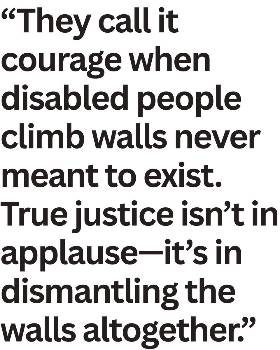 debraruh's tweet photo. "They call it courage when disabled people climb walls never meant to exist. True justice isn’t in applause—it’s in dismantling the walls altogether."
#WeAreBillionStrong #Ableism #DisabilityRights #DisabilityInclusion #SDGs #HumanRights #AXSChat https://t.co/lfEB0TUcxd