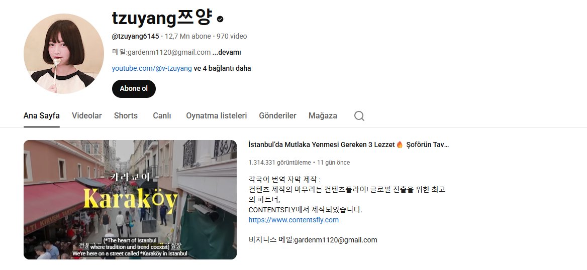 Koreli YouTuber Tzuyang (13 milyon takipçili), 10 gündür İstanbul’da takılıyor.

Türk yemeklerini tanıtıyor. (Dana ve kuzunun karışık olarak yapılan dönerini de ilk kez bu arkadaştan duydum. Bu da benim ayıbım.)

Kanada’da Türk olduğumu bilen onlarca Koreli arkadaşım, ilk