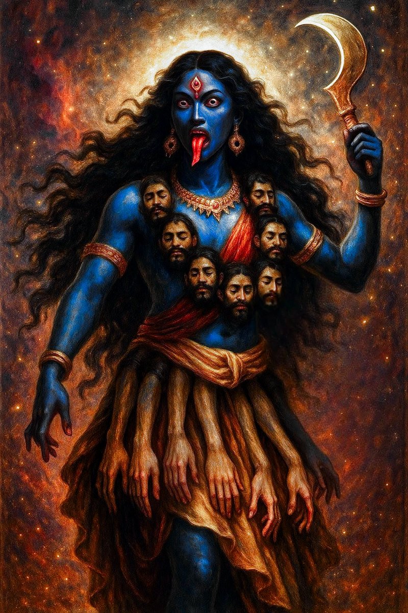 Splendid_Tiger's tweet photo. Kali Maa: The Esoteric Union of the 51 Siddhas

We know Kali maa by her terrible and magnificent adornment, a garland of fifty one severed heads, each face frozen in a state beyond agony or ecstasy and these are not merely the letters of the Sanskrit alphabet. 

To the uninitiated it is a vision of pure horror, a testament to a goddess of destruction. But the Yogini Tantra whispers a deeper secret, a truth that transforms this garland from a symbol of carnage into the ultimate emblem of grace.

These are not mere heads, and this is no collection of trophies. They are the 51 Flames, the Viras, the heroic beings, the Siddhas, the perfected ones. Each one represents a universe of thought, a sovereign consciousness that has journeyed to the very end of the path of separation. Their offering was not of blood or flesh, but of the most prized possession of the individual self, the intellect, the buddhi, the very "I" that constructs a world of "you" and "other."

The sword that accomplished this sacred severance is not one of violence, but of Jnana, the flawless, discriminative wisdom that sees through the grand illusion of duality. It is the sharp edge of truth that cleanly cuts the bonds of ignorance, freeing the drop from the delusion that it was ever separate from the ocean.

And so, when the Divine Mother wears this garland, she is not displaying conquest. She is wearing a living necklace of liberated consciousnesses. Each head is a universe of thought that has willingly, joyously, dissolved back into the source. They are not destroyed, but fulfilled. They are not silenced, but have become part of a vaster, singular song.

The garland, then, is a map of the ultimate homecoming. It is the beautiful, terrible, and compassionate process by which the fragmented self realizes its true nature and is re absorbed into wholeness. It is the esoteric union where the seeker, the path, and the goal become one, a radiant garland of fifty one flames, forever united in the one, infinite light.

Jai Maa Kali 🔻💀