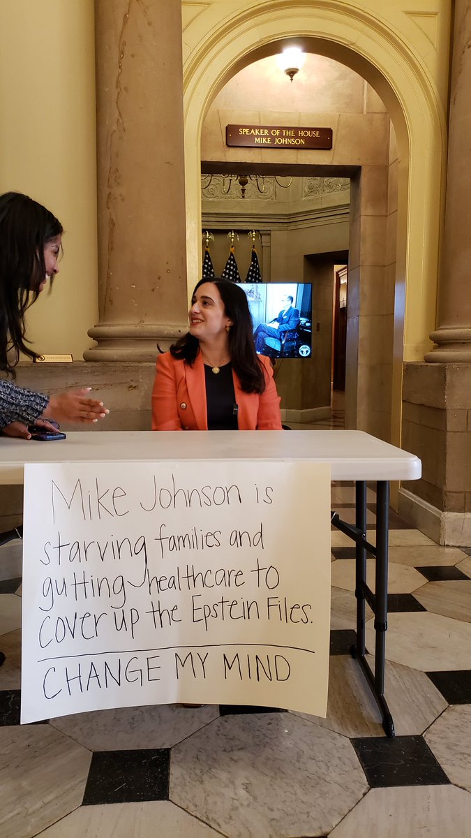 Angered by the refusal of Speaker Johnson to swear in Adelita Grijalva, Rep. Yassamin Ansari D-AZ set up her own protest outside the Speaker's office.  His staff cranked up the volume on the TV to drown her out.