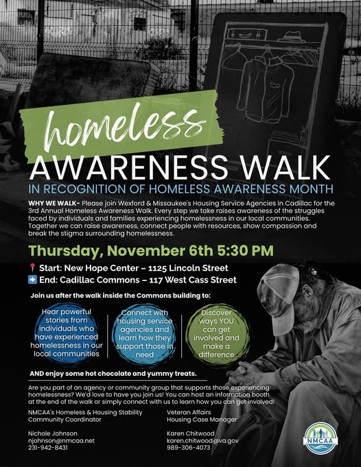Homeless Awareness Month |  Put On Your Walking Shoes Cadillac!

Homeless Awareness Walk
Thursday, November 6·5:30 – 9:00pm
1125 Lincoln St, Cadillac, MI 49601-2045, United States
facebook.com/events/1885226…