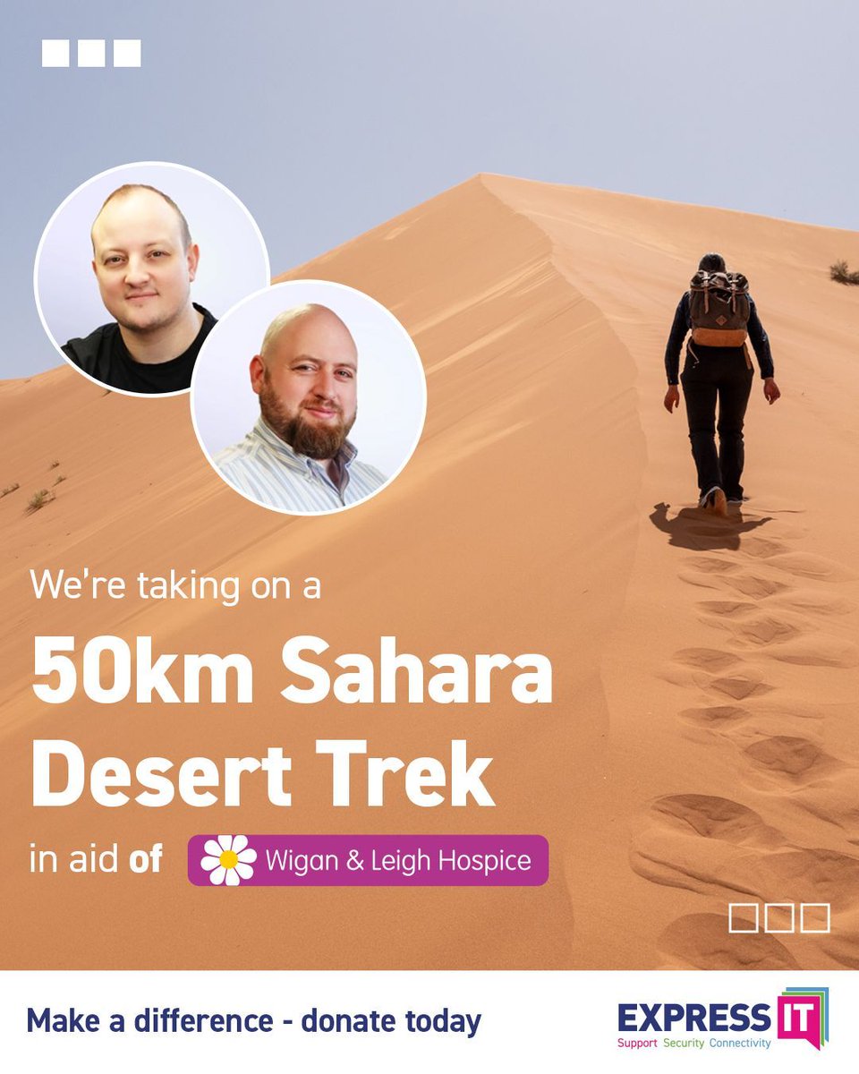 expressitgroup's tweet image. 🌵 In 2026, our MD Adam Vause and Operations Director Adam Clowes are taking on an incredible challenge - a 4-day, 50km trek across the Sahara Desert to raise £12,000 for Wigan &amp;amp; Leigh Hospice.

We’d love your support, and you can donate via the link below
buff.ly/qN2jnYR
