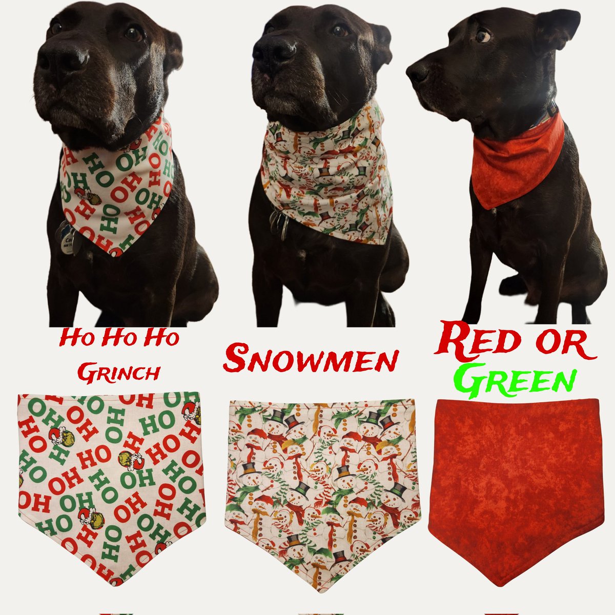 Another set of Christmas Dog Bandanas.  With this set, you can choose your backing color.  You can pick the backing color, the choices are red (shown) or green.  #CartersBandanas #QPBBC.  The sized and prices Re available in the pinned post.   Cartersbandanas@gmail.com