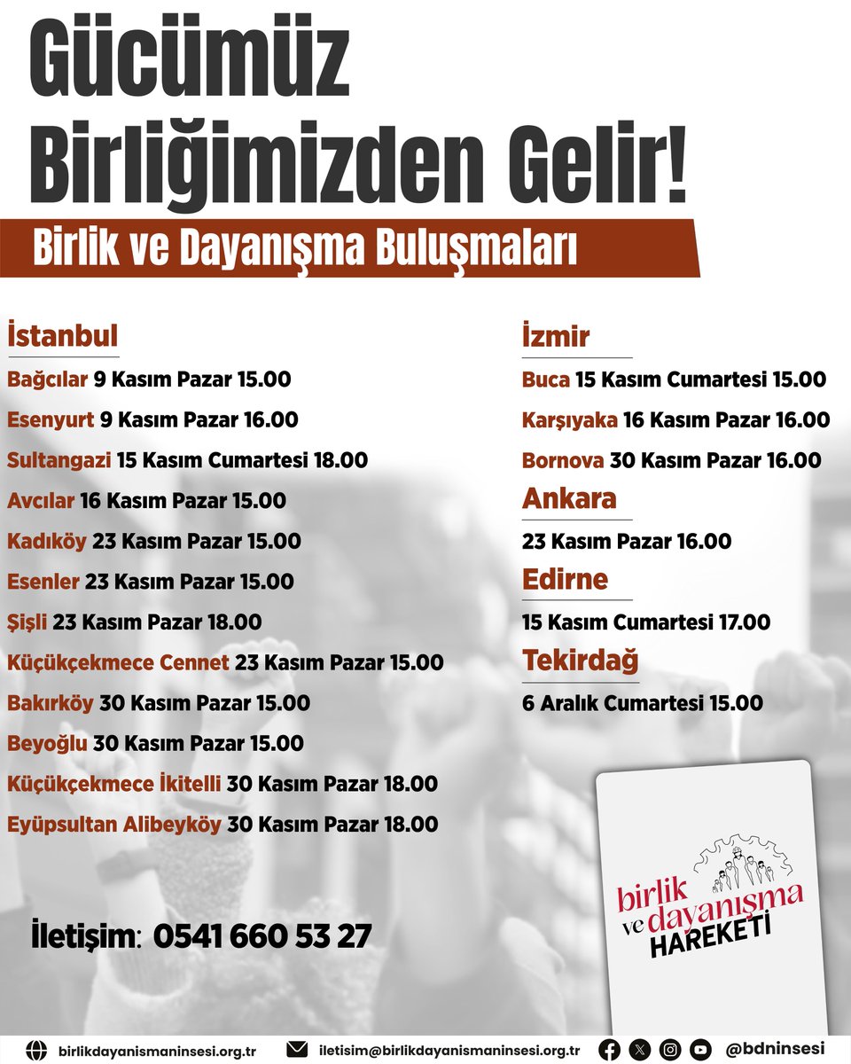 Gücümüz Birliğimizden Gelir!

Birlik ve Dayanışma Buluşmaları başlıyor.

Emekçiler, kadınlar, gençler artık böyle gitmez diyor.

Sermayenin, tarikatların, çetelerin düzenine karşı yalnız değiliz.

Birlik ve Dayanışma Hareketi'nin ilk buluşmalarında tüm emekçileri bir araya
